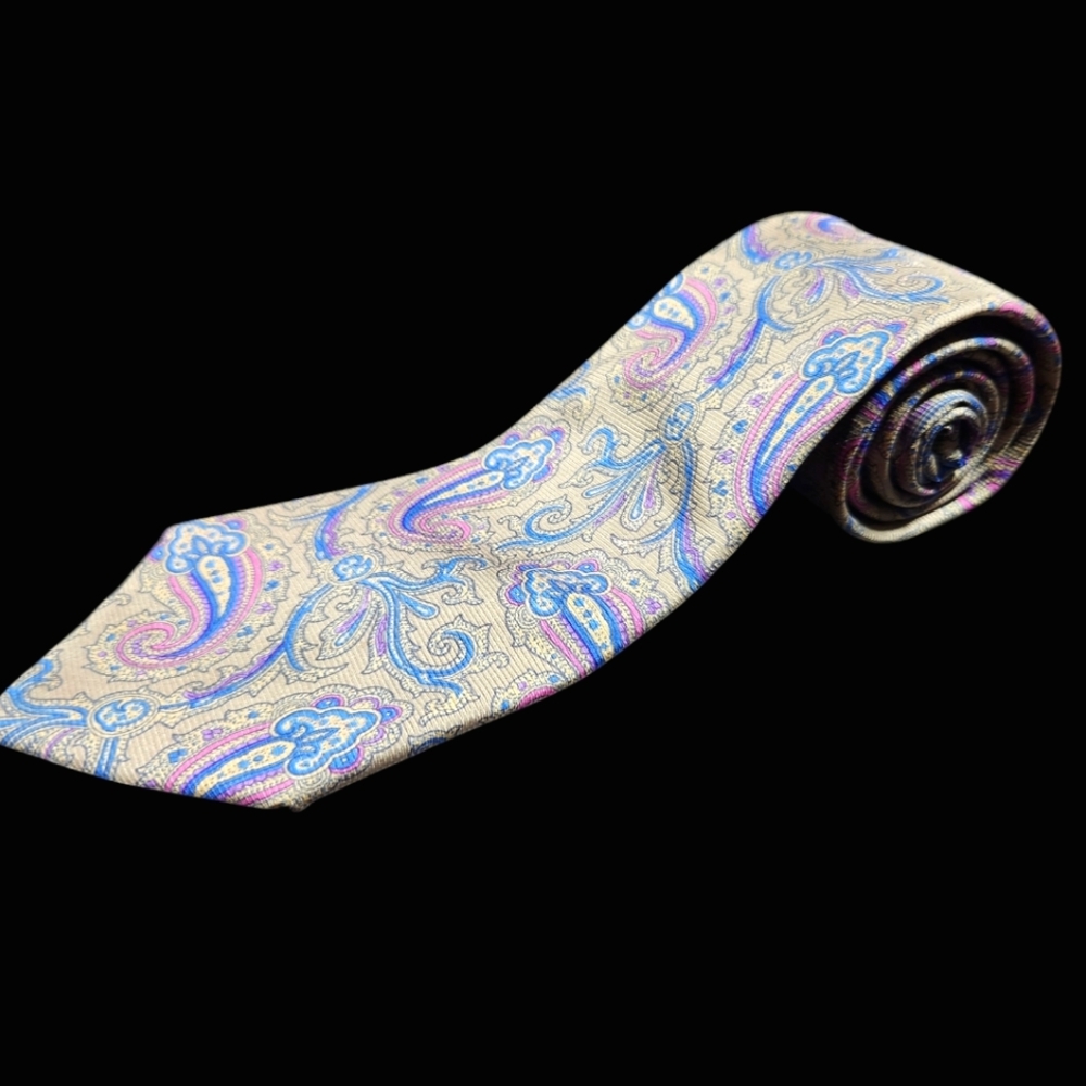Vintage 417 Van Heusen Paisley Tie 100% Silk Purple Blue Tan Italy